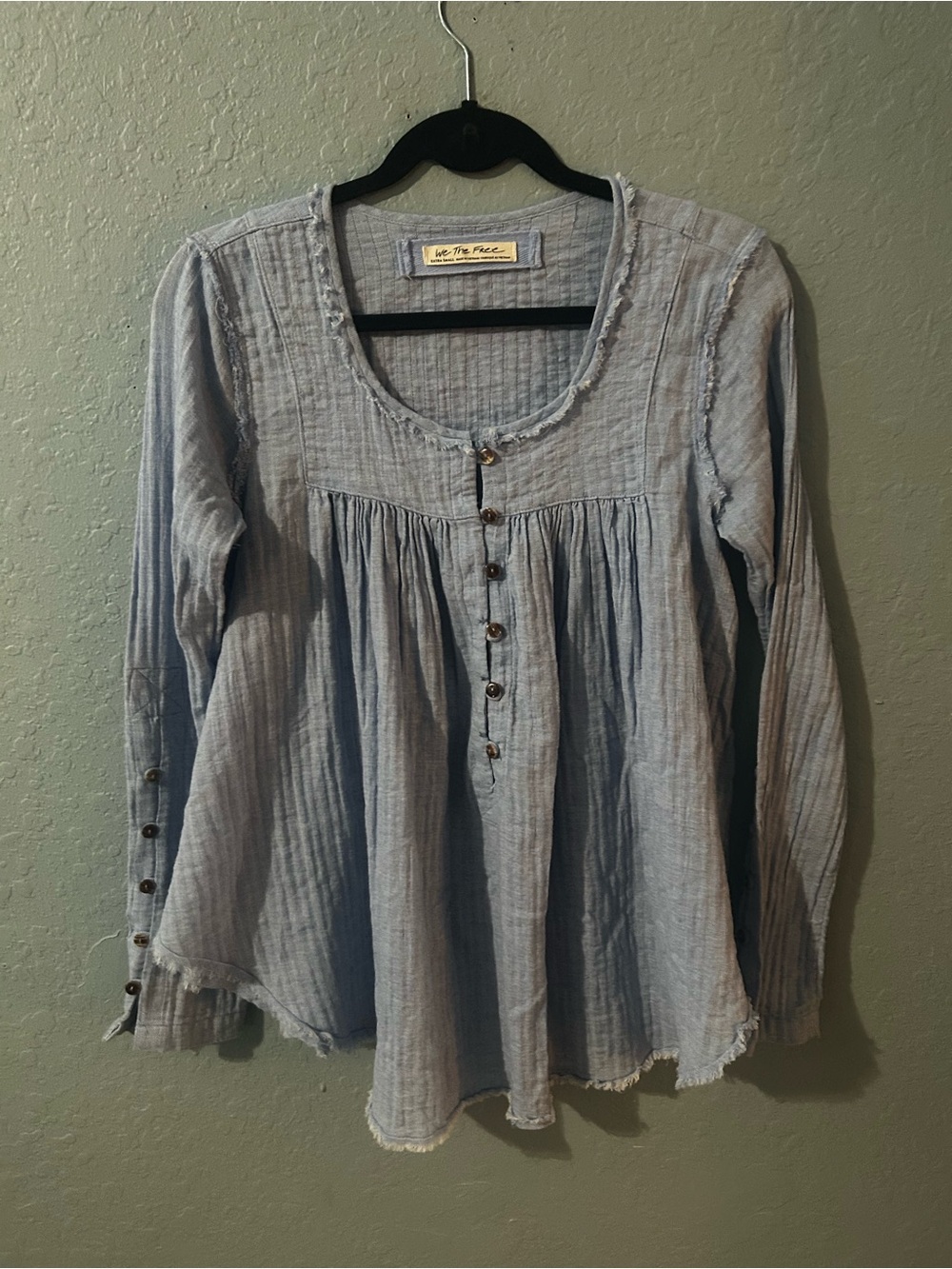 We The Free Free People Baby Blue Cotton Gauze Henley Babydoll Top XS - Picture 2 of 8
